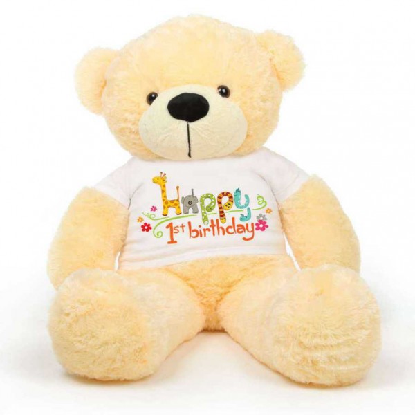 Peach 5 feet Big Teddy Bear wearing a First Happy Birthday T-shirt